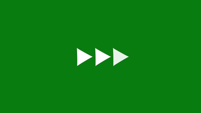 Fast forward button with three white triangles pointing right on a solid green background representing forward motion or next track selection in media playback controls