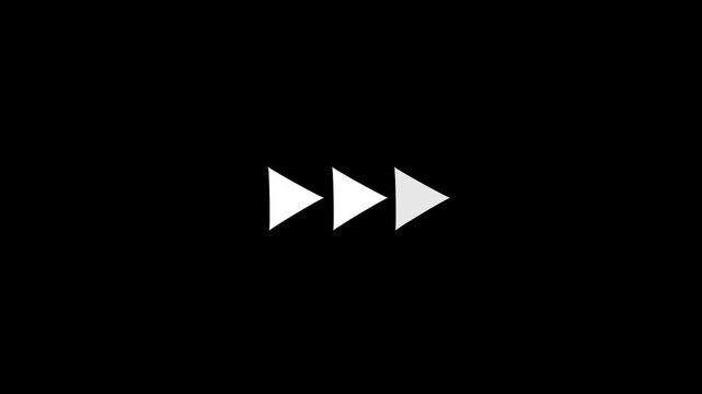 Fast forward with three white and grey triangles pointing right on a black background representing forward motion in media playback controls