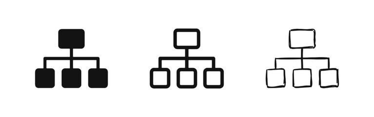 Fototapeta na wymiar Flowchart icon set with hierarchy structure in solid, outline, and hand-drawn styles.