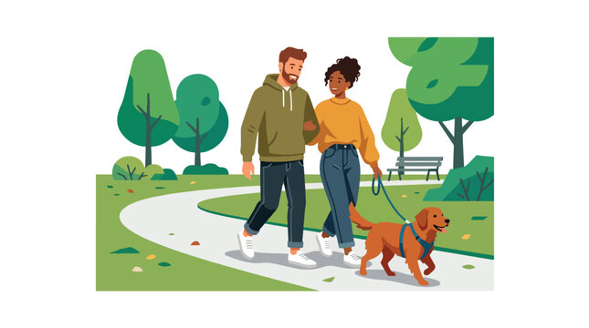 Flat style vector illustration of couple walking dog in park, romantic daily lifestyle concept