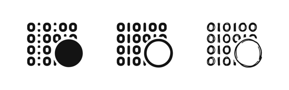 Binary code icon set with data numbers and circle in solid, outline, and hand-drawn styles.