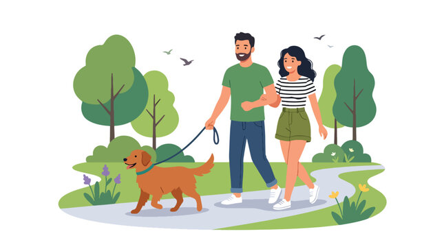 Flat style vector illustration of couple walking dog in park, romantic daily lifestyle concept