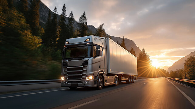 Freightliner on the Open Road: A sleek, modern semi-truck traverses a scenic highway at sunrise, dwarfed by majestic mountains and lush forests, symbolizing commerce and journey