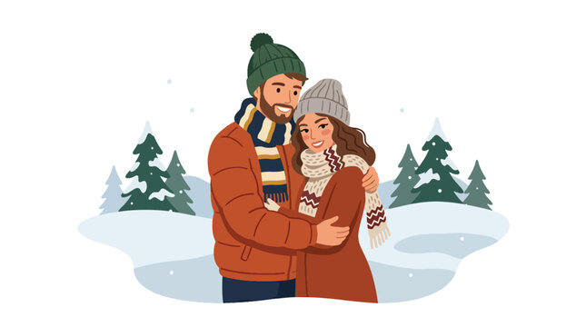 Flat style vector illustration of couple hugging in snowy winter landscape, romantic seasonal concept