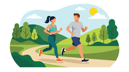 Fototapeta premium Flat style vector illustration of couple jogging together in park, romantic healthy lifestyle concept