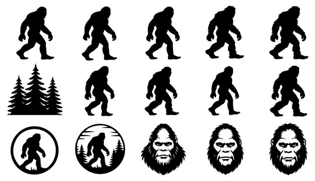 bigfoot sasquatch silhouette icon set