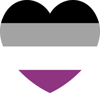 Asexual flag heart shaped with black, grey, white, purple stripes. Flag of asexual pride heart. Sexual identification heart flag. Lack of sexual orientation. LGBT pride heart flag.