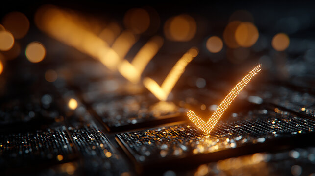 Golden Validation: Multiple golden check marks illuminated on a dark surface, signifying validation, approval, and successful completion in a mesmerizing display.
