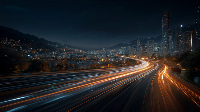 City Lights: A captivating night scene, streaks of light dance across a busy highway as they approach the vibrant cityscape.
