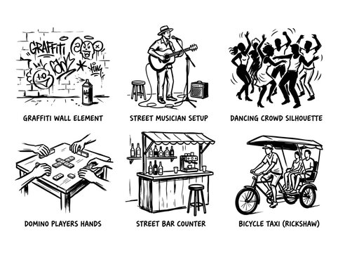 Street culture brush line art icons, graffiti musician dancing crowd rickshaw dominoes, vector illustration