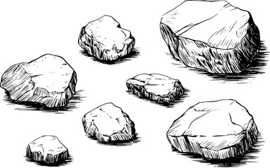 Hand drawn collection of various sized rocks white background, stone natural © Lisa_Stock