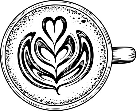 Hand-drawn black and white latte heart in coffee cup view drink