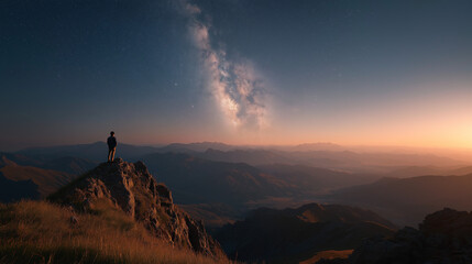 Naklejka premium Serene Summit Sunrise: A lone figure stands atop a rocky mountain peak, gazing at the breathtaking vista of rolling hills bathed in the warm, golden hues of dawn.