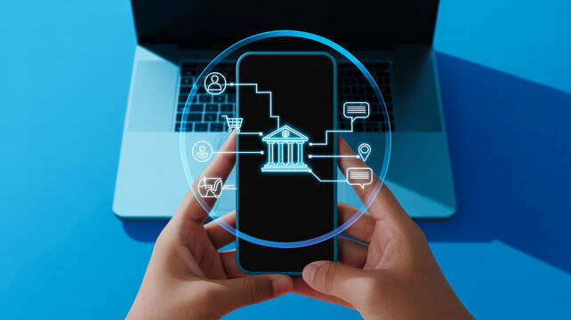 Person holding smartphone with banking app and virtual bank building illustration e banking mobile banking financial transaction digital banking