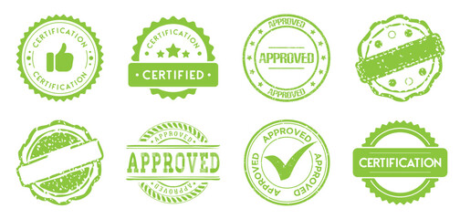 Approved certification stamp collection in green. Set of check marks, approval seals and certified labels with distressed texture © top dog