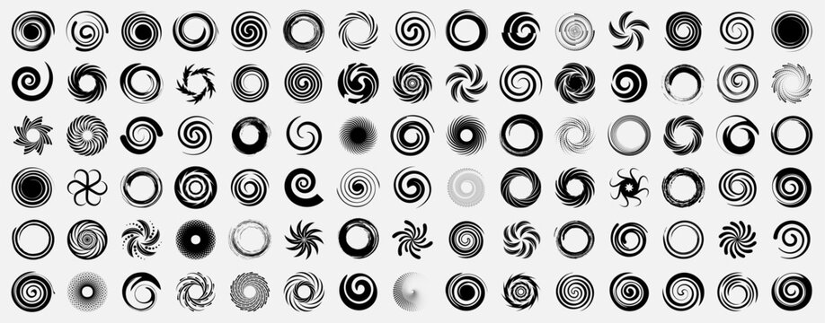 Abstract spiral swirl collection in black. Set of circular vortex shapes, dynamic rotation elements and optical motion graphics