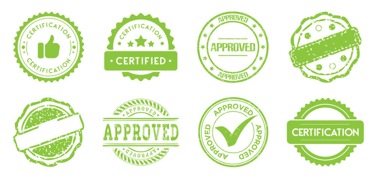 Approved certification stamp collection in green. Set of check marks, approval seals and certified labels with distressed texture