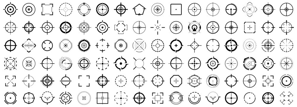 Crosshair and target icon collection in black. Set of aim, focus, target, scope, crosshair, radar and aim point symbols