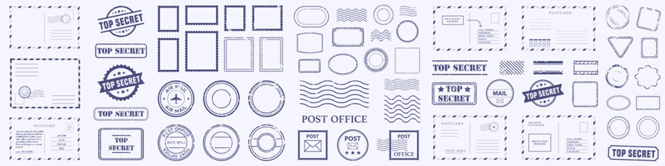 Fototapeta na wymiar Post office stamp and mail template collection. Set of postcards, seals, marks and postal decorative elements