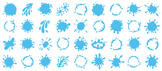 Fototapeta na wymiar Splash, paint and liquid icon collection in blue. Set of liquid splashes, drops, stains, ink shapes, abstract blobs and fluid elements