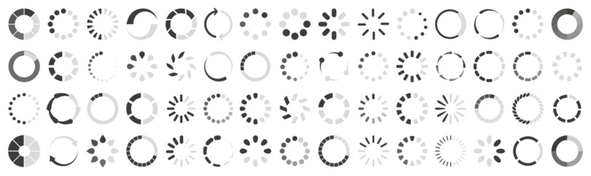 Loading spinner and progress indicator collection in gray. Set of loader, progress, circle, buffering, waiting and animation elements