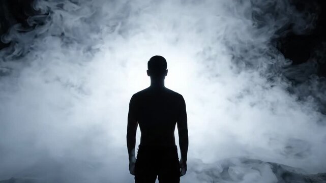 Standing figure in soft mist, peaceful contemplative mood and natural fog scene