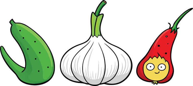 Cartoon style vegetables like cucumber garlic and chili pepper with funny face on transparent background.
