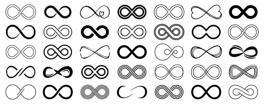 Infinity, loop and symbol icon collection in black. Set of infinity signs, loops, endless symbols, abstract curves