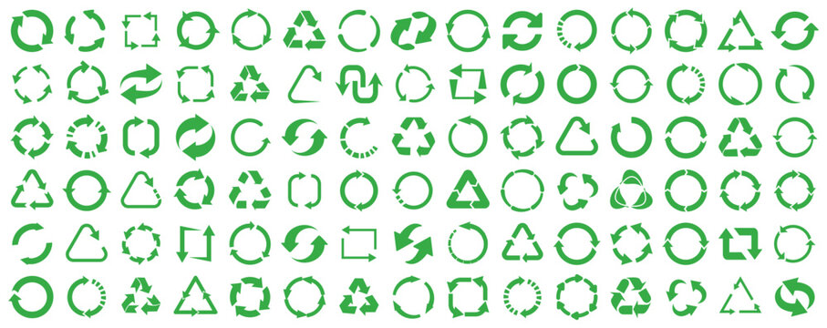 Arrow loop and recycle icon collection in green. Set of refresh, reload, cycle, rotation, repeat, recycle and arrow symbols