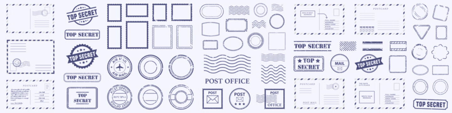 Post office stamp and mail template collection. Set of postcards, seals, marks and postal decorative elements