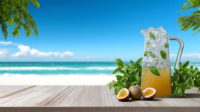 Refreshing cold tropical drink with ice and mint leaves beside fresh passion fruit on wooden table by ocean beach under clear blue sky