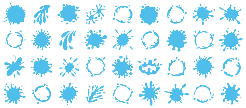 Splash, paint and liquid icon collection in blue. Set of liquid splashes, drops, stains, ink shapes, abstract blobs and fluid elements