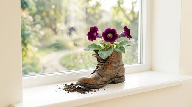 Rustic leather boot used as flower pot with purple gloxinias on sunlit windowsill, garden view in background with copy space