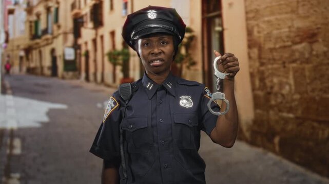 African american police woman holding handcuffs with raised hand on a street, grimacing; determination duty.