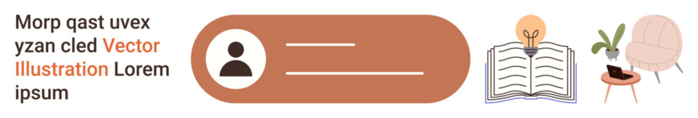 Online learning, creativity, innovation, user interface, education, personal development. Graphic with a user icon, book light bulb plant and chair. Online learning and creativity concept © robu_s