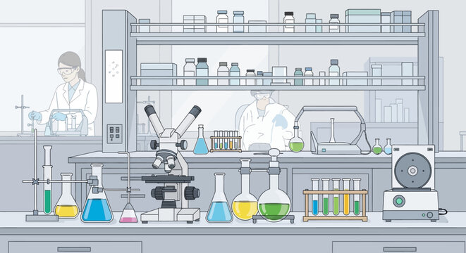 Scientists working in a laboratory with various equipment and supplies on the counter.