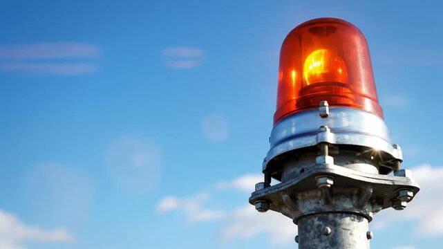 Red flashing warning light on a metal pole against a blue sky. Rotating emergency beacon signaling danger or alert. Industrial security concept