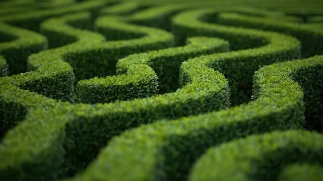 Intricate green hedge maze pattern with curving topiary design