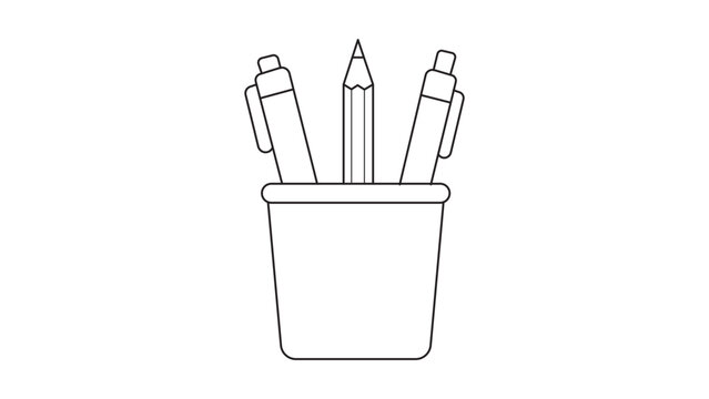 Office pen cup vector icon illustration featuring editable stroke, minimalist desk organizer symbol with pencils and stationery, clean hand-drawn line art for workplace organization concept.