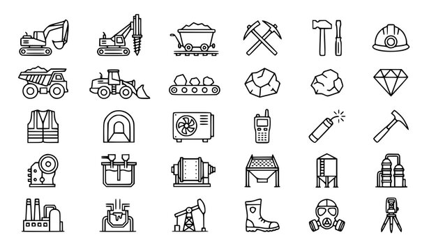 Collection of heavy machinery and mining industry line icons, construction equipment symbols.