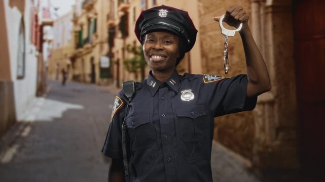 Woman police officer holding handcuffs aloft on a narrow street, smiling and showing badge; pride duty protection.