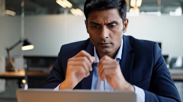 A man in a blue suit sitting at a laptop with a concerned expression on his face in office