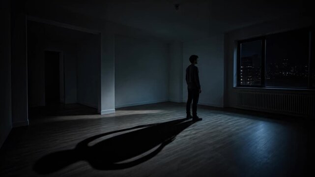man standing in empty room with long shadow on floor looking toward window at night, solitude and tension, psychological fear, nightmare concept, halloween.
