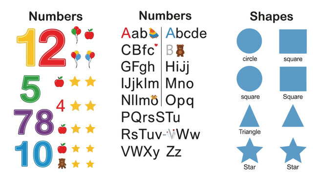 A colorful educational poster displays numbers and alphabet letters with various shapes.