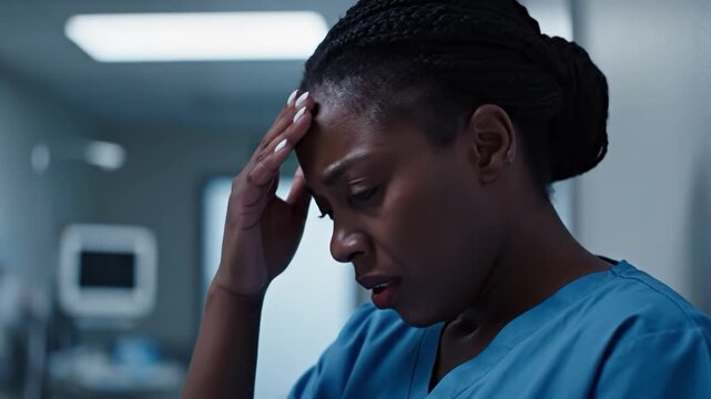 A stressed healthcare worker with her hand on her forehead in a medical setting