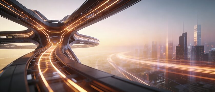 A futuristic warehouse automation concept with a wide panoramic view showcasing a fixed main object on a multi-layered highway interchange at dusk.