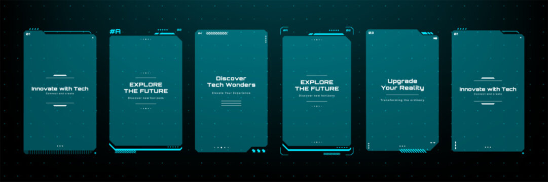 HUD text box frame vector layout with futuristic digital interface elements. Set of tech notification windows for screen display design, information overlay and infographic ui element.