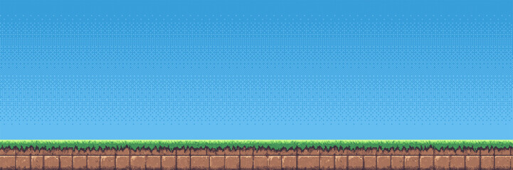 Naklejka premium Pixel art landscape with blue sky and green grass ground. Retro video game platformer background. Digital asset for game design. 8-bit style scenery for interactive game development.