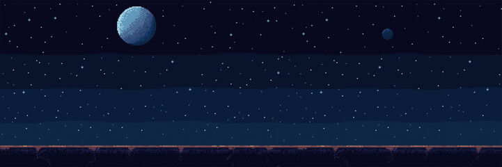 Fototapeta premium Pixel art sky with moon and stars in deep space. Retro game background of alien planet horizon. Digital landscape design for 2D gaming development, fantasy environment and night scene.