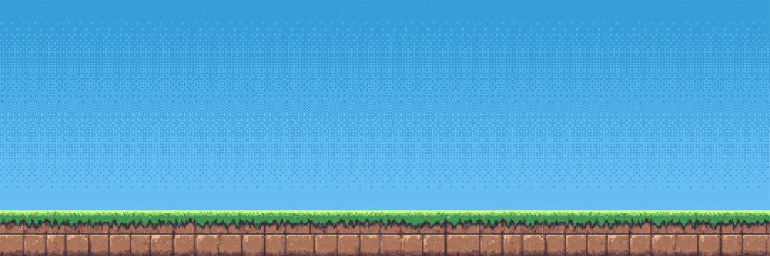 Pixel art landscape with blue sky and green grass ground. Retro video game platformer background. Digital asset for game design. 8-bit style scenery for interactive game development.